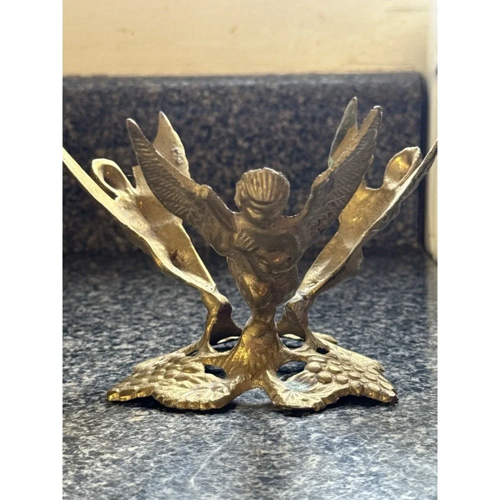 Antique Vintage‎ Brass Angels Cherubs Playing Instruments Vase Bowl Holder